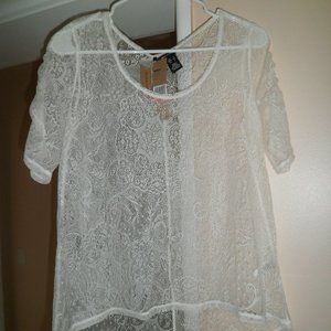 DKNY Jeans White Lace Blouse Ruched Sleeve S